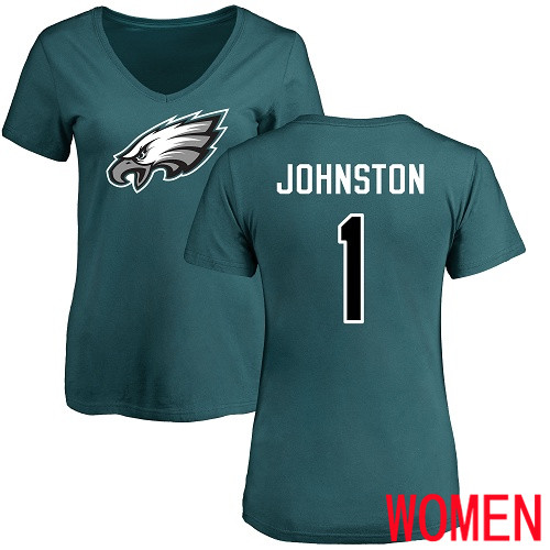 Women Philadelphia Eagles #1 Cameron Johnston Green Name and Number Logo Slim Fit NFL T Shirt